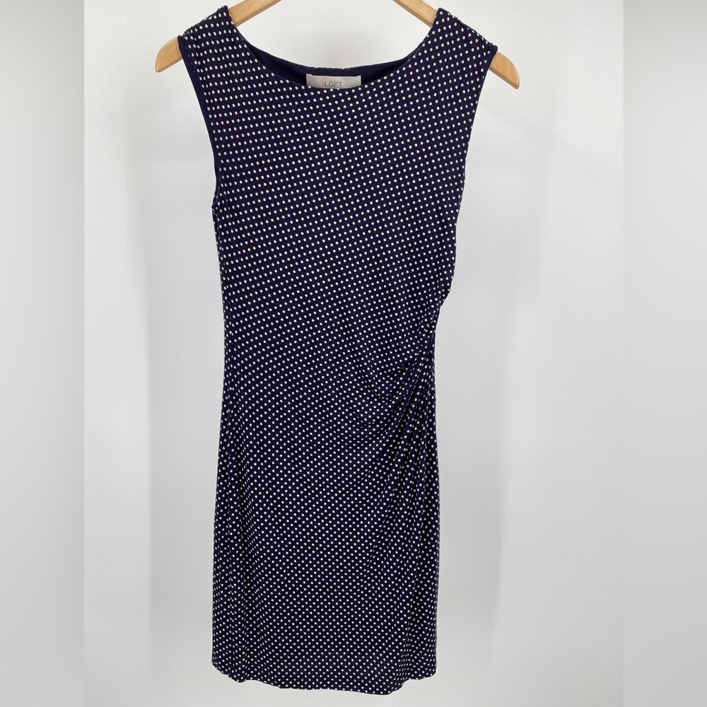 LOFT Petite Dress Navy Blue Sleeveless Polka Dot Midi | Women's Size XS